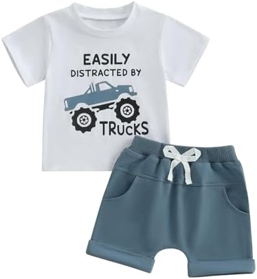 MABABY Toddler Boys Truck Print Summer Outfit Set