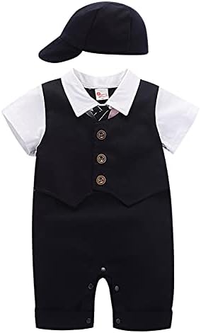 IDOPIP Baby Boy Tuxedo Romper Set with Hat
