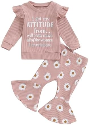 Newborn Baby Girl Cozy Warm Fall Flared Pants Set with Contrast Collar