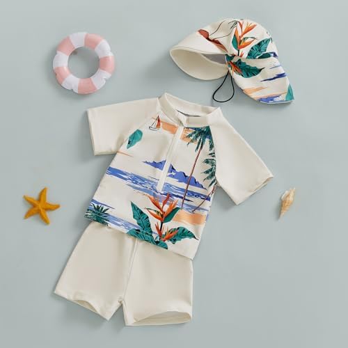 Toddler Boy 3-Piece Swimsuit Set Rash Guard with Sun Hat