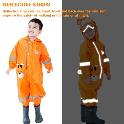 Fewlby Kids Rain Suit with Zipper and Cartoon Design