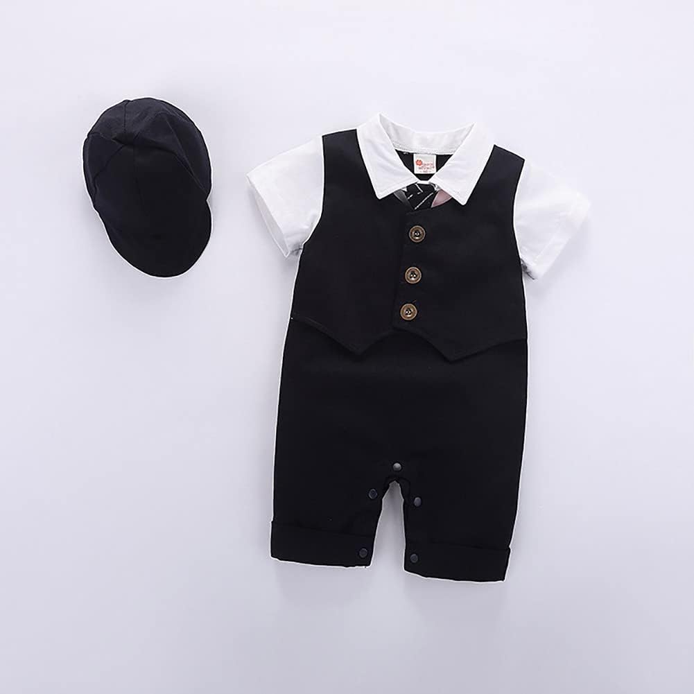 IDOPIP Baby Boy Tuxedo Romper Set with Hat