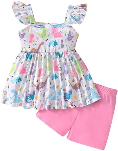 Toddler Girl Summer Ruffled Sleeve Dinosaur Outfit Set 2PCS