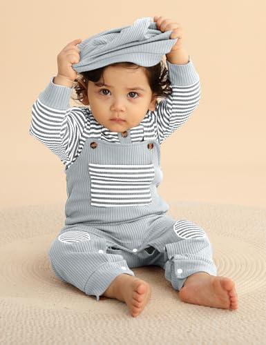 Baby Boys Stripe Romper Overalls Set with Hat Winter