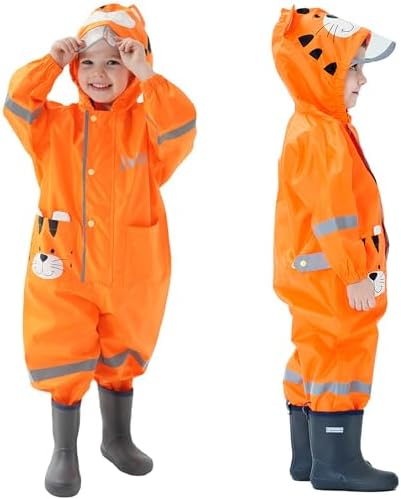 Fewlby Kids Rain Suit with Zipper and Cartoon Design