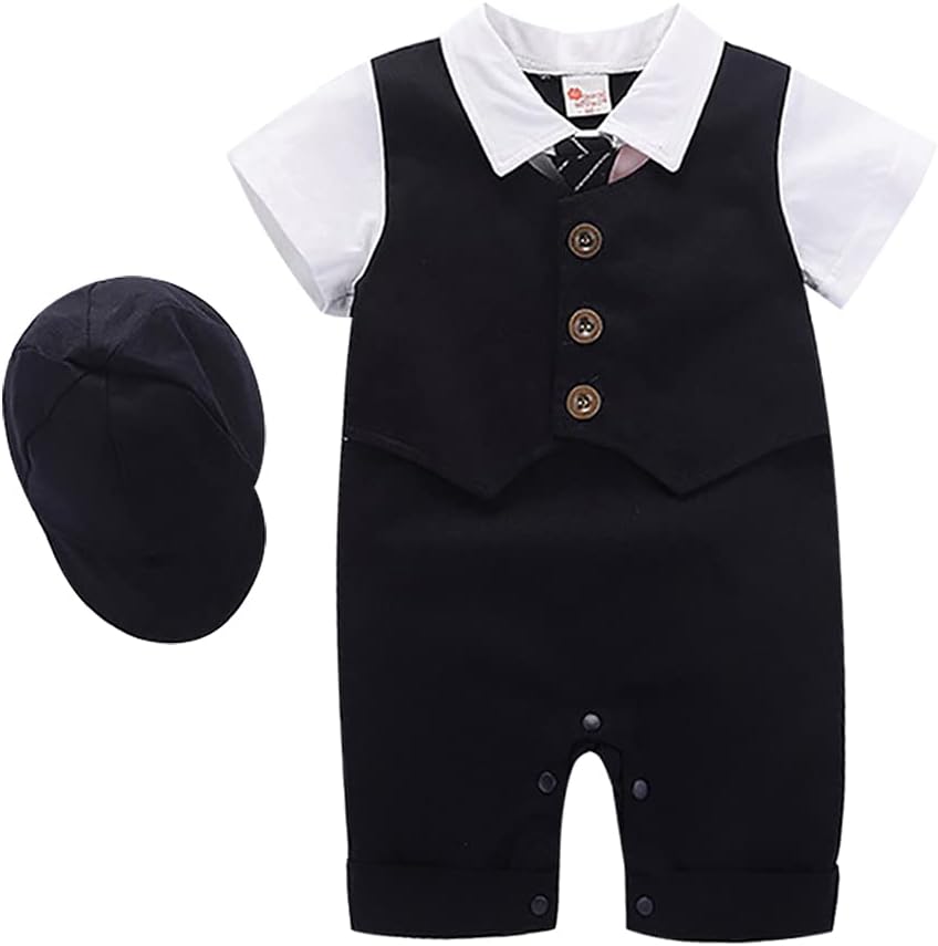IDOPIP Baby Boy Tuxedo Romper Set with Hat