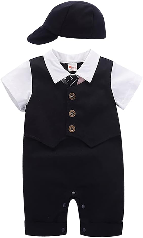 IDOPIP Baby Boy Tuxedo Romper Set with Hat