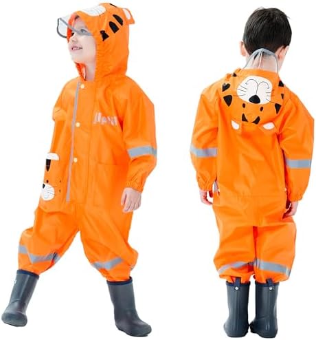 Fewlby Kids Rain Suit with Zipper and Cartoon Design