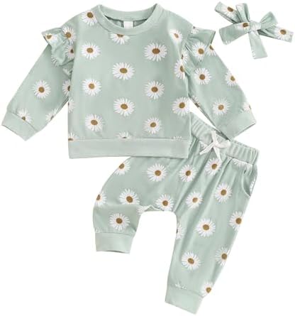 Crew neck fall winter outfit toddler ruffle pullover sweatshirt pants set
