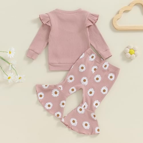 Newborn Baby Girl Cozy Warm Fall Flared Pants Set with Contrast Collar