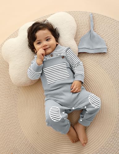 Baby Boys Stripe Romper Overalls Set with Hat Winter