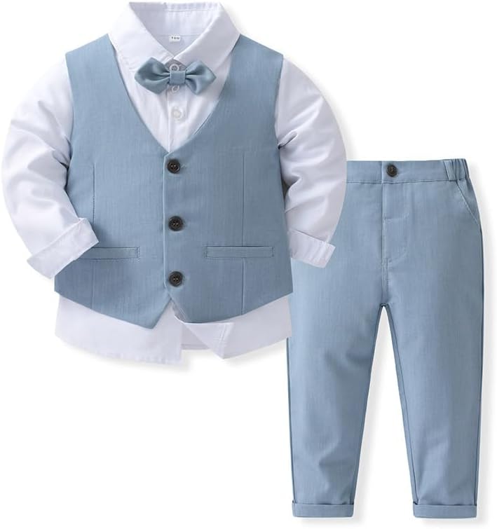Baby Boys 4 Piece Gentleman Set with White Shirt Bowtie Vest and Pant