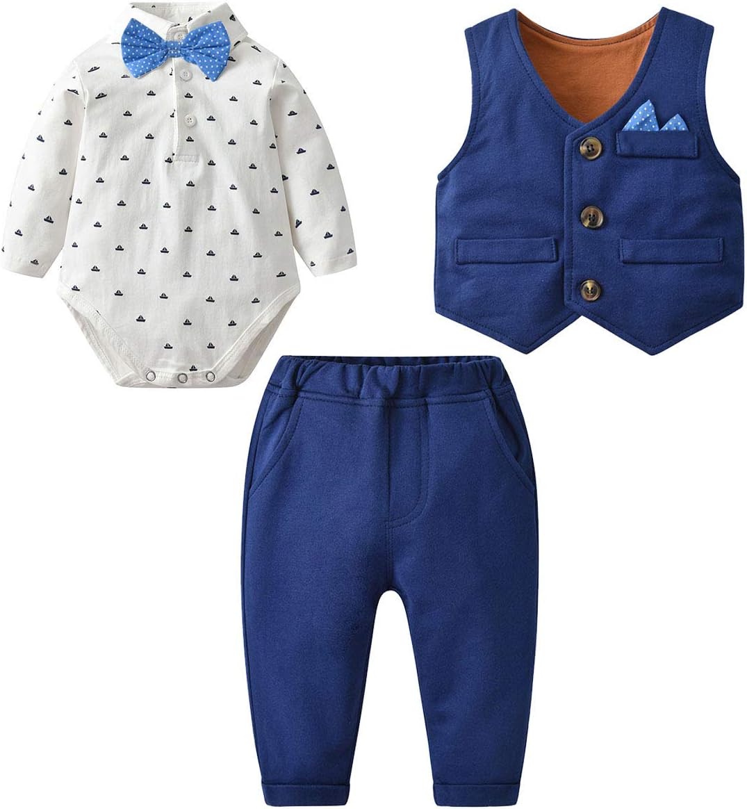 Famuka Baby 3-Piece Tuxedo Suit With Bows Waistcoat