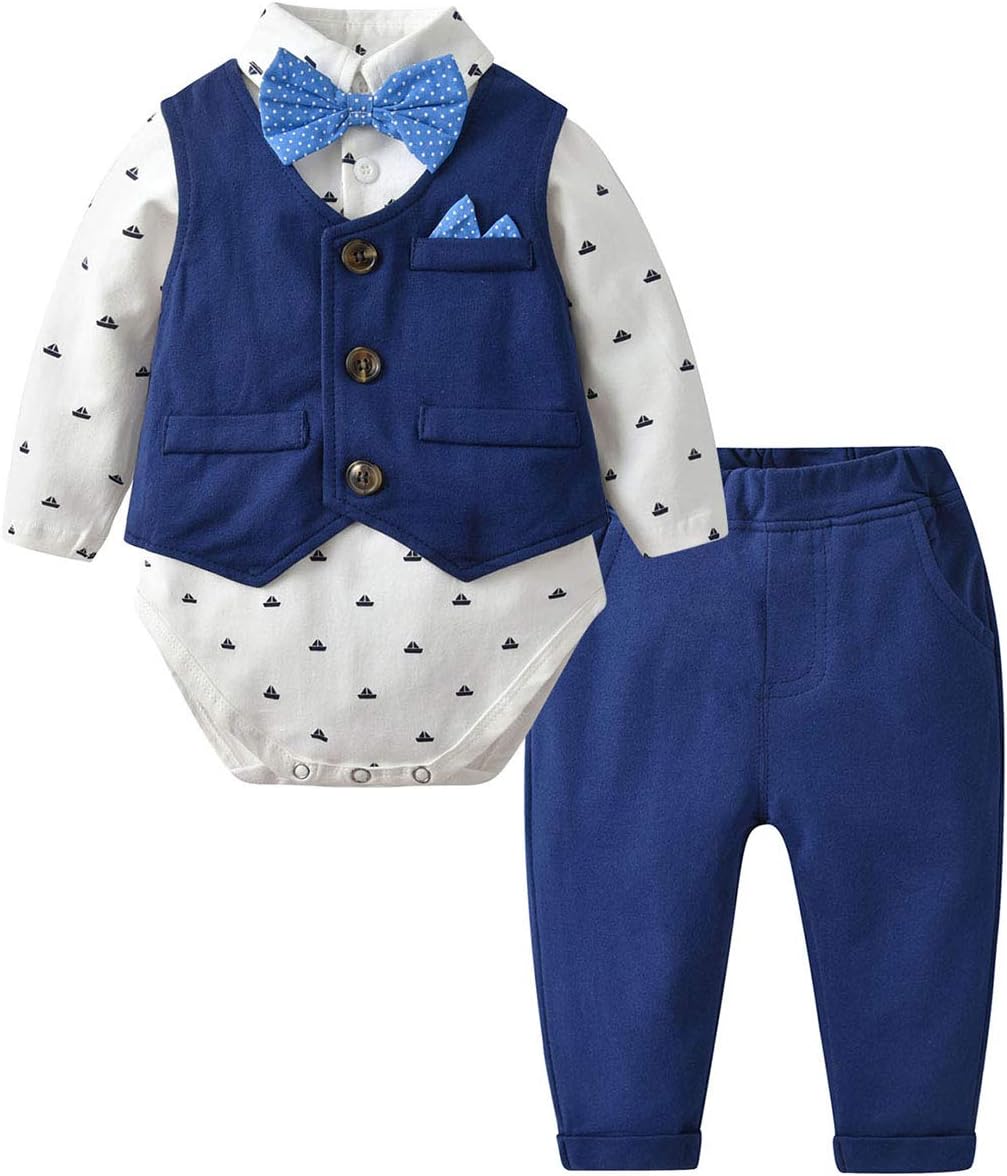 Famuka Baby 3-Piece Tuxedo Suit With Bows Waistcoat