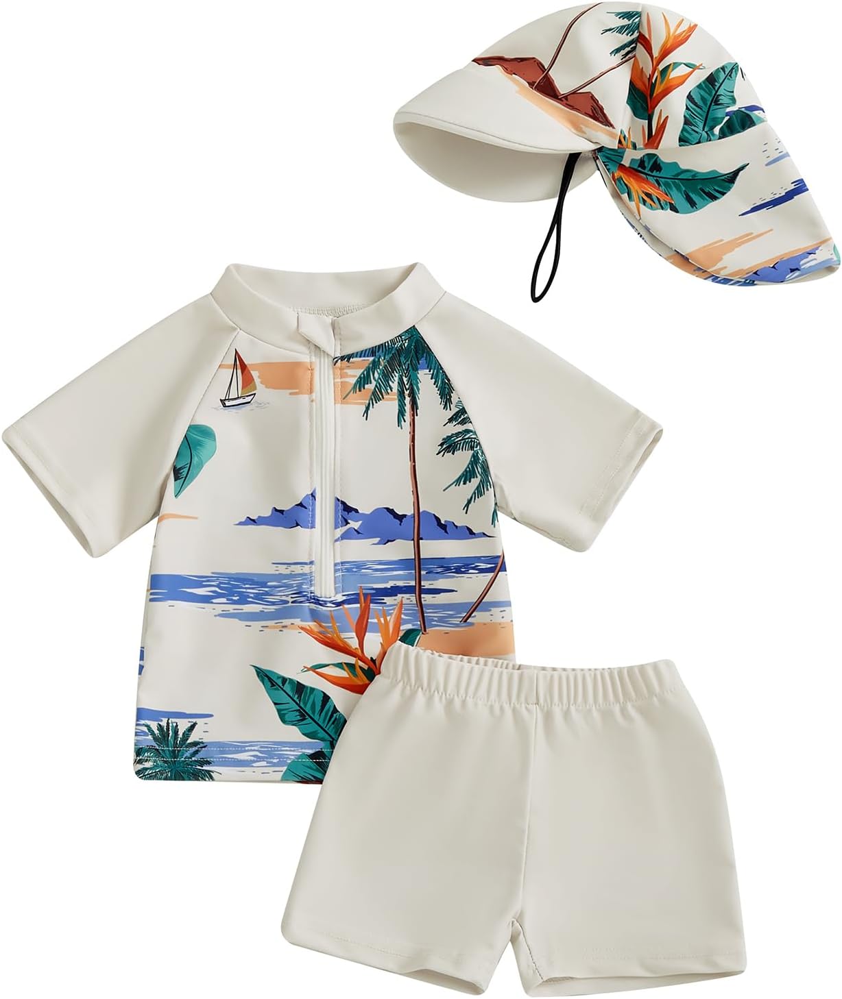 Toddler Boy 3-Piece Swimsuit Set Rash Guard with Sun Hat