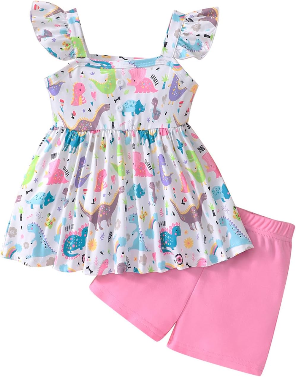 Toddler Girl Summer Ruffled Sleeve Dinosaur Outfit Set 2PCS