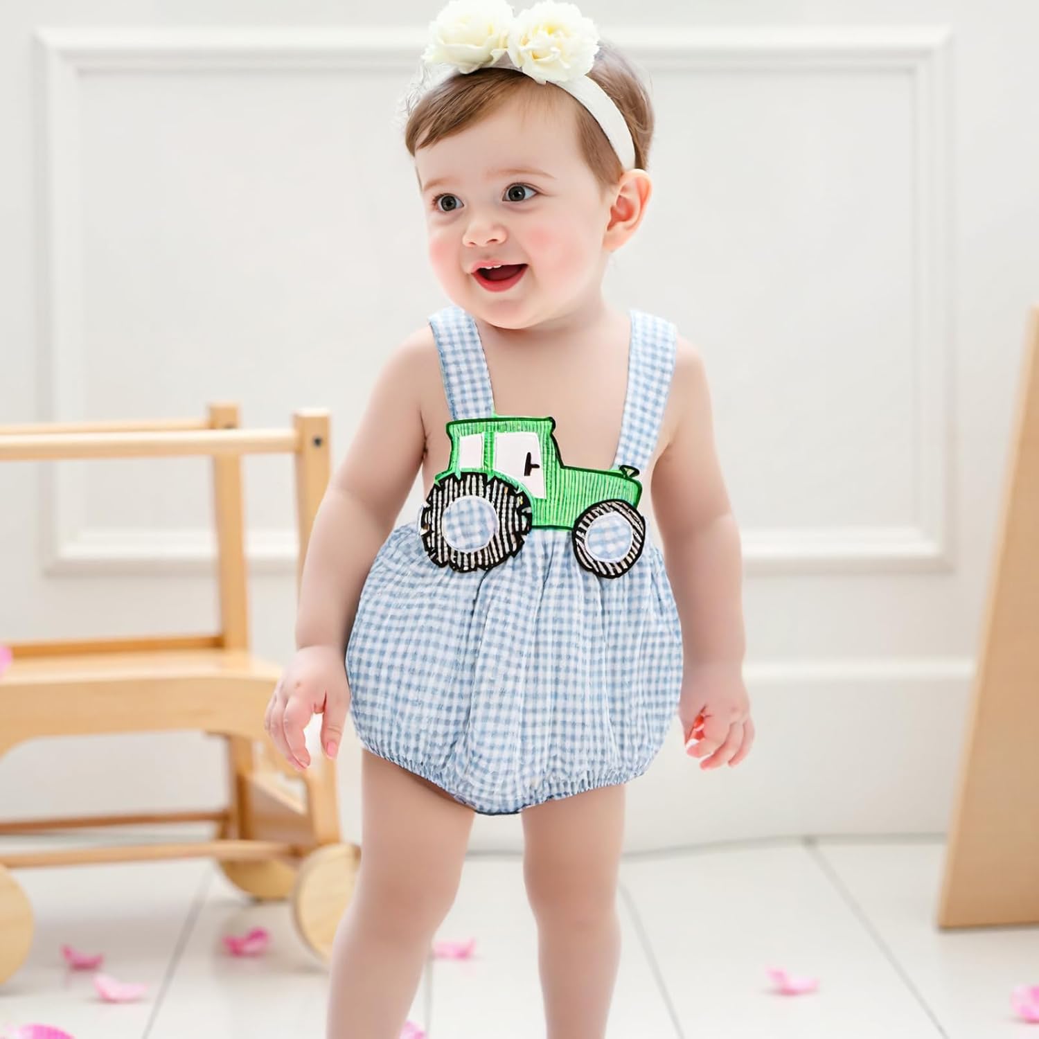 Baby Summer Tractor Romper Newborn Plaid Outfit