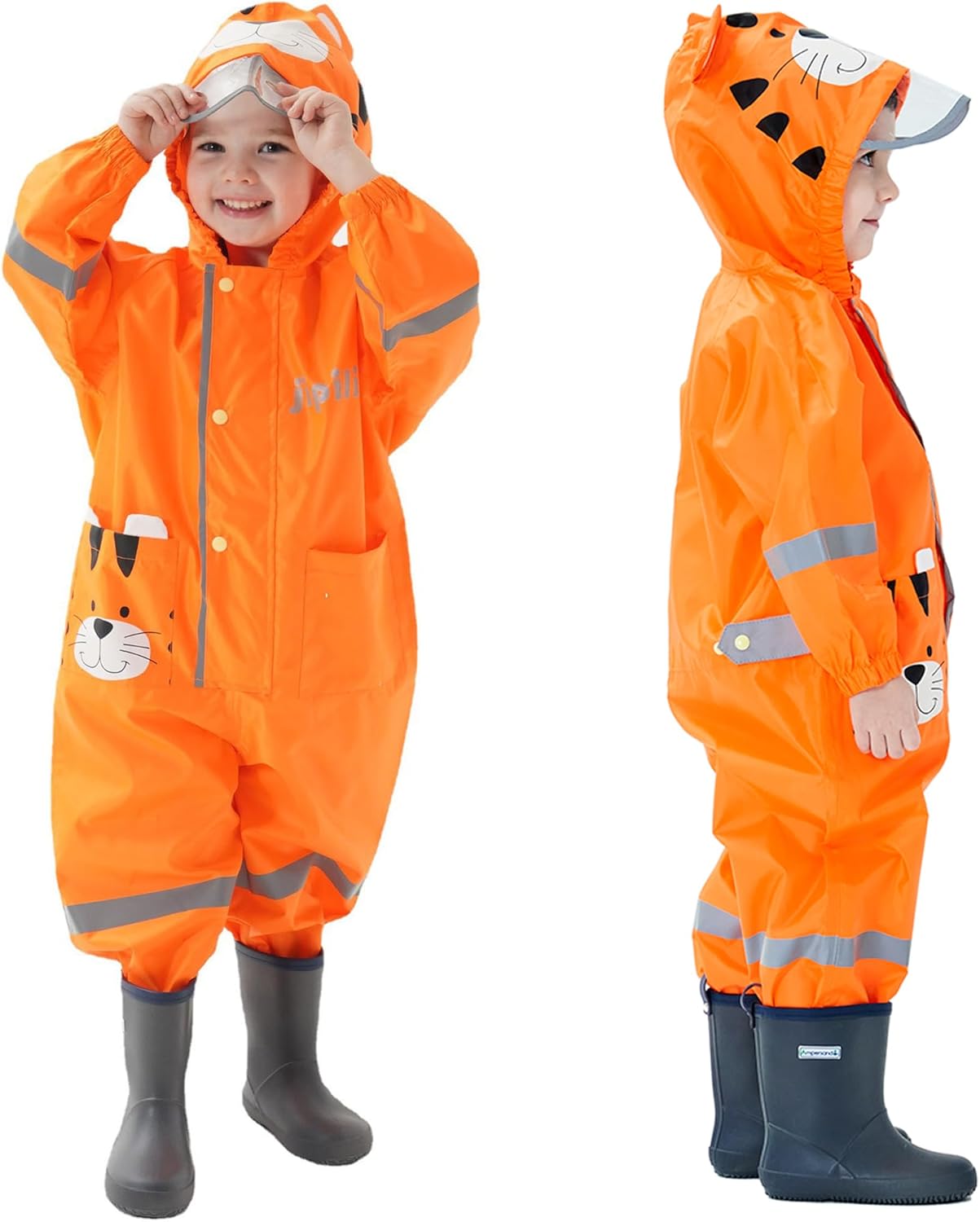Fewlby Kids Rain Suit with Zipper and Cartoon Design