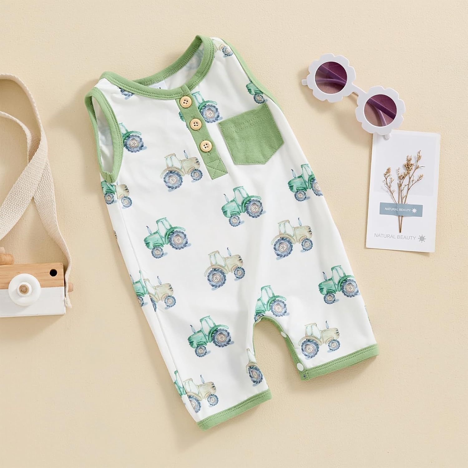 Adorable Summer Baby Romper with tractor print