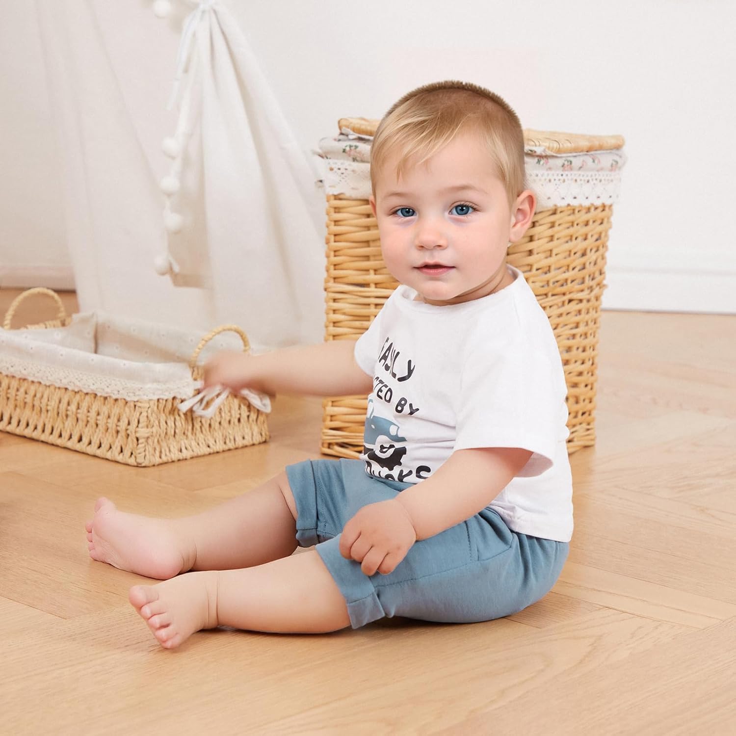 MABABY Toddler Boys Truck Print Summer Outfit Set