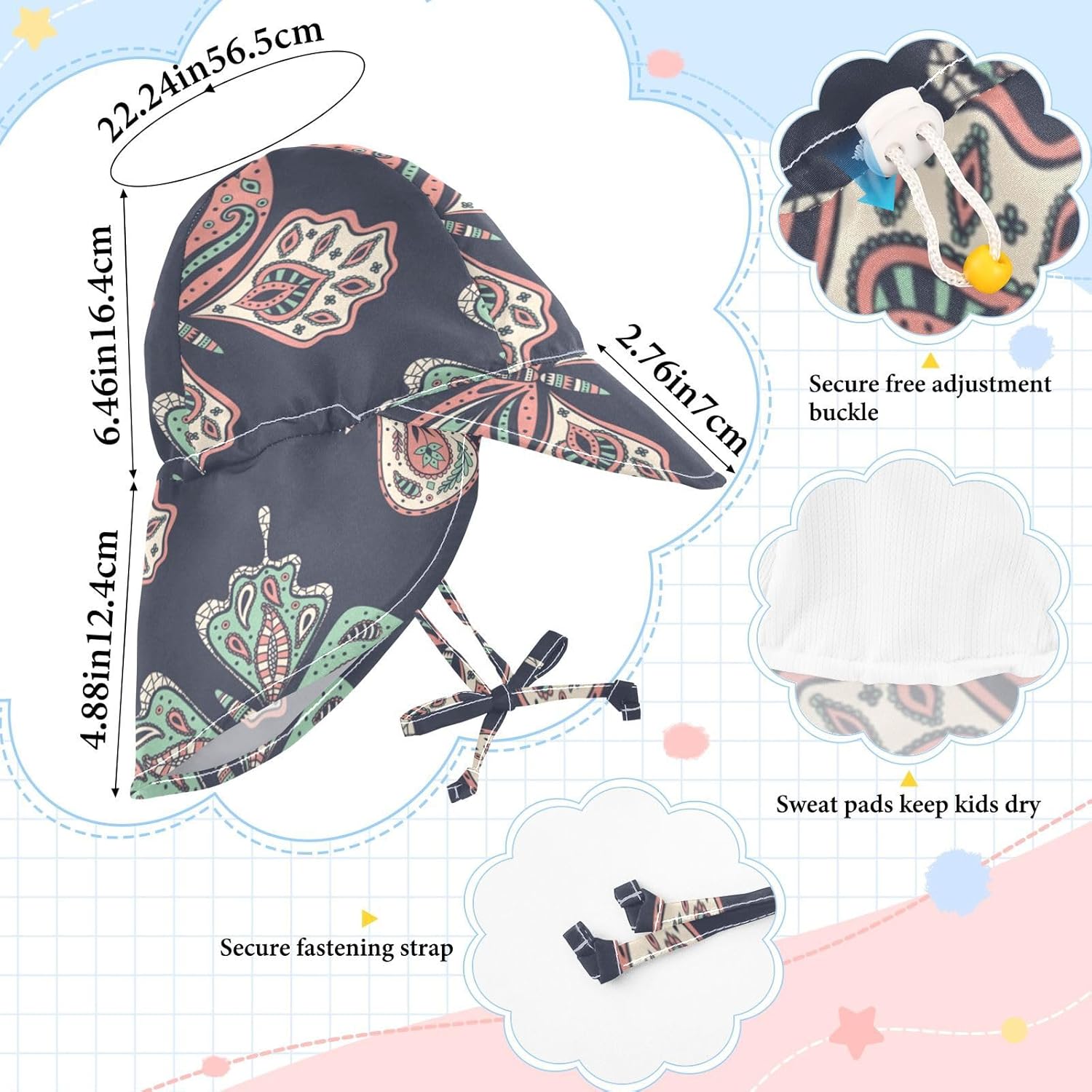 Boho Butterflies Pattern Kids Travel Sun HatUPF 50 Adjustable for Boys