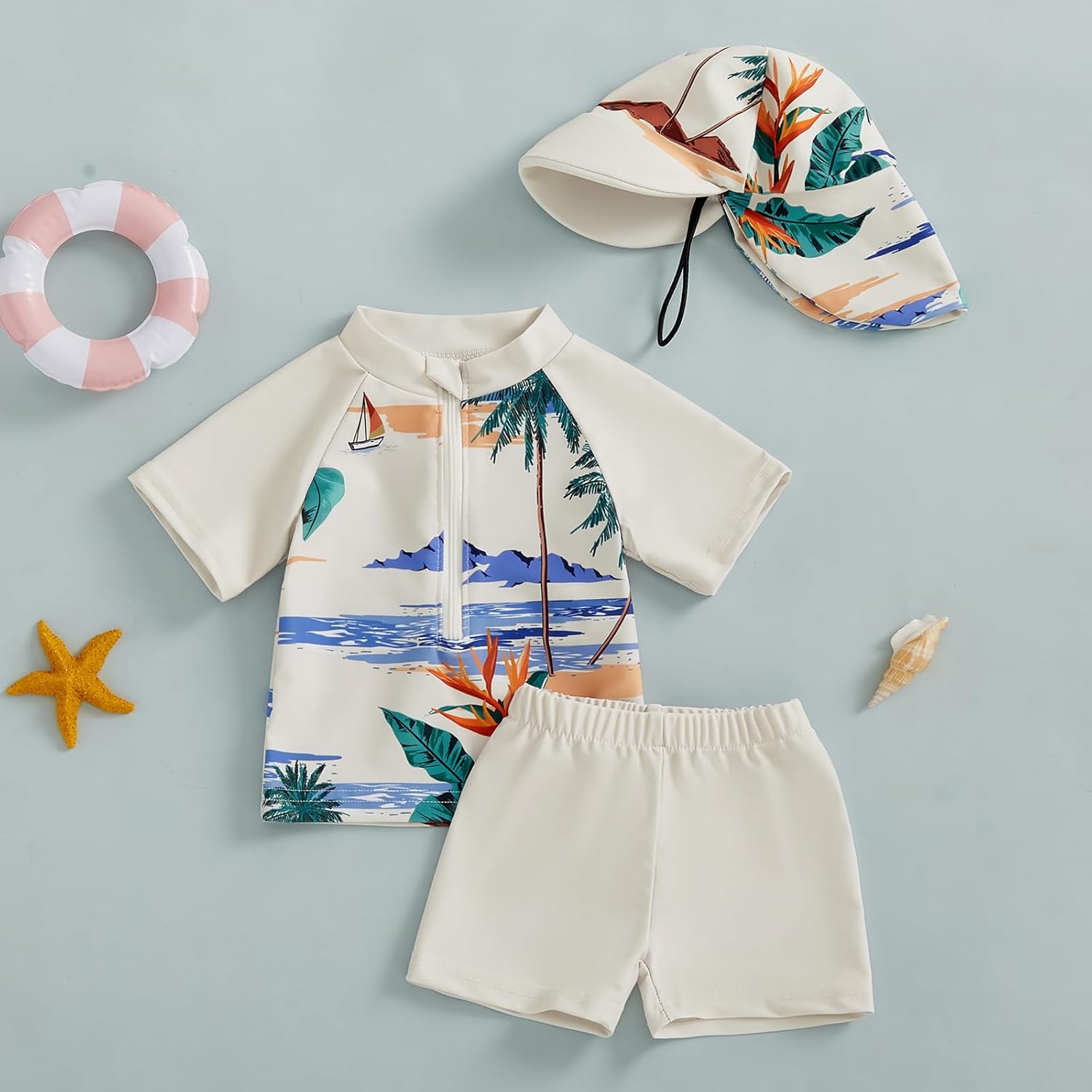 Toddler Boy 3-Piece Swimsuit Set Rash Guard with Sun Hat