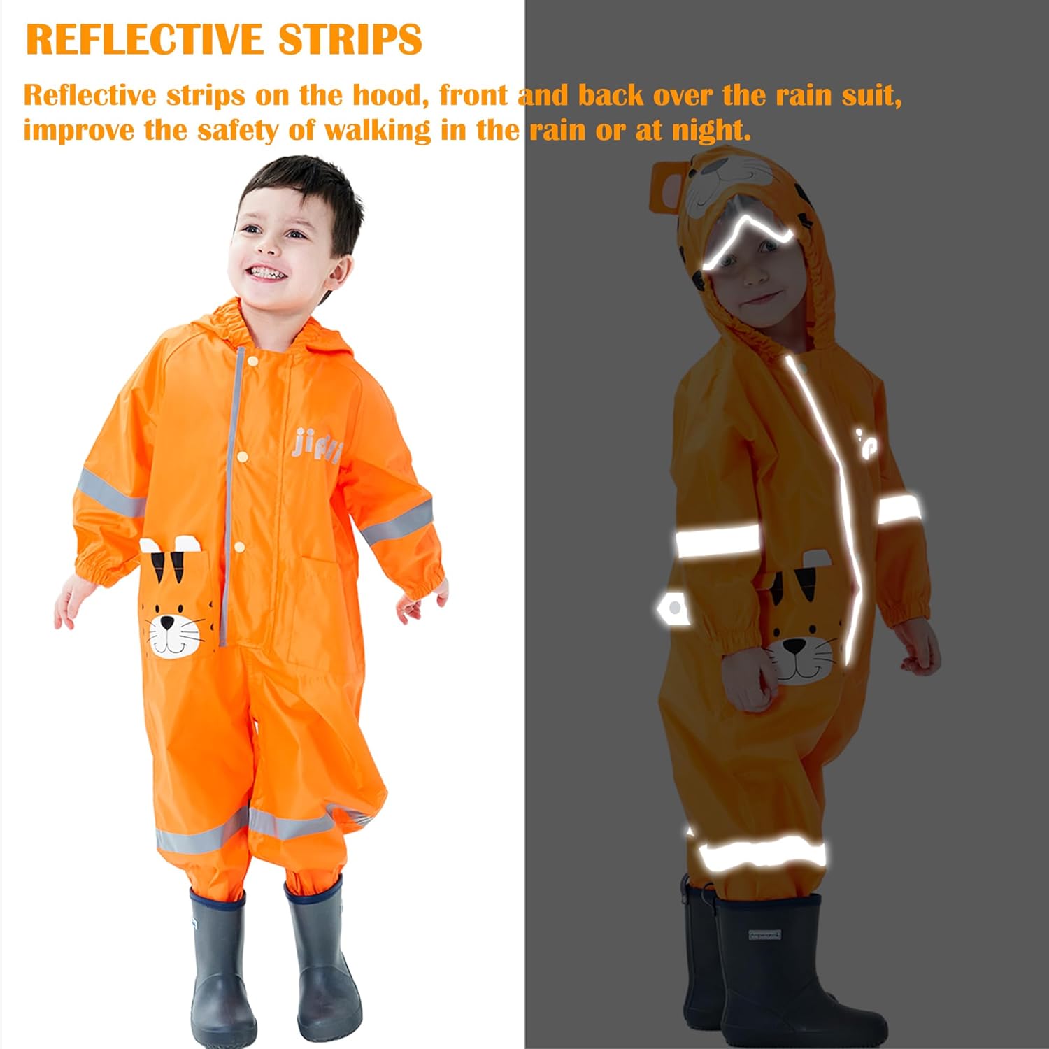 Fewlby Kids Rain Suit with Zipper and Cartoon Design