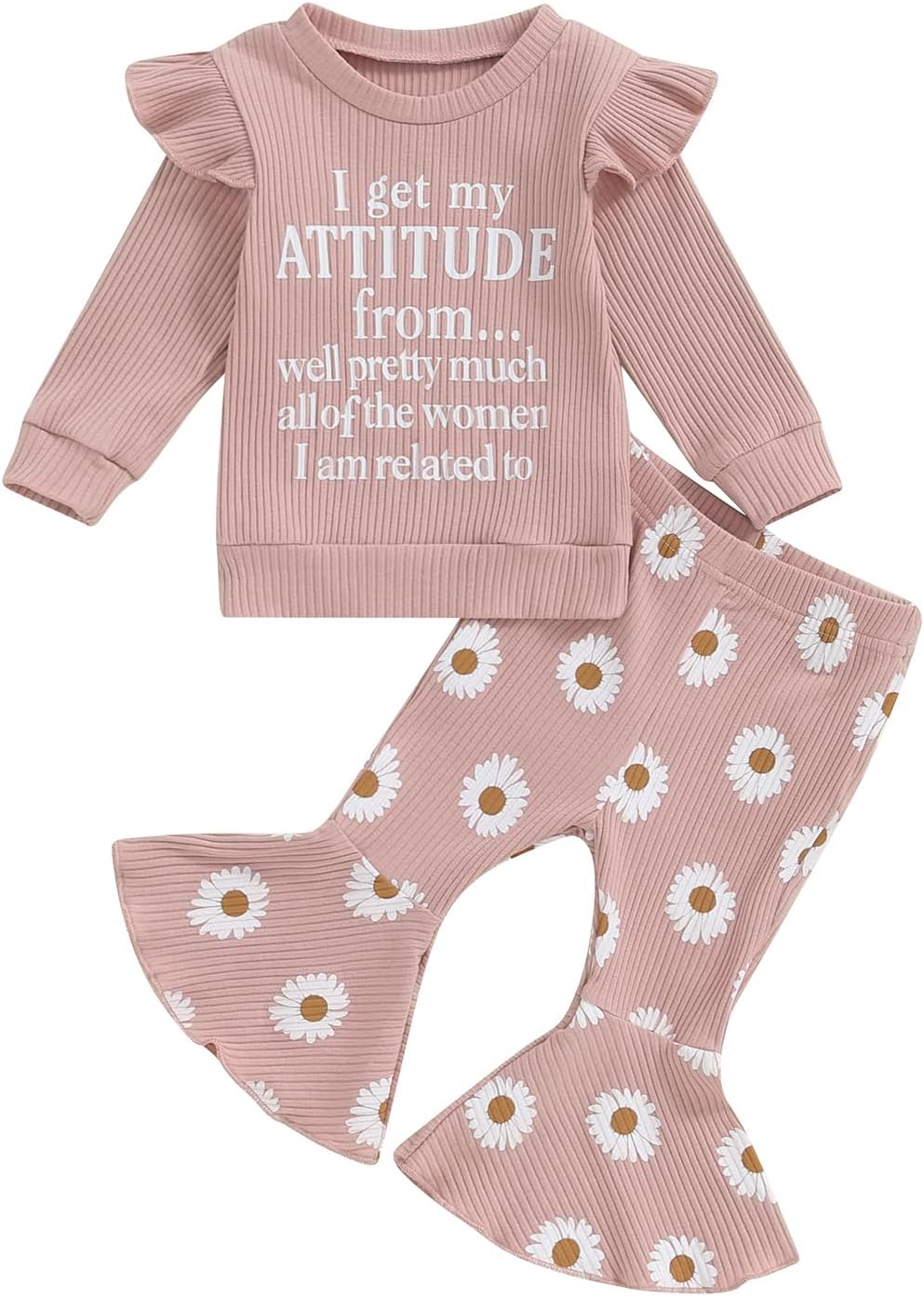 Newborn Baby Girl Cozy Warm Fall Flared Pants Set with Contrast Collar