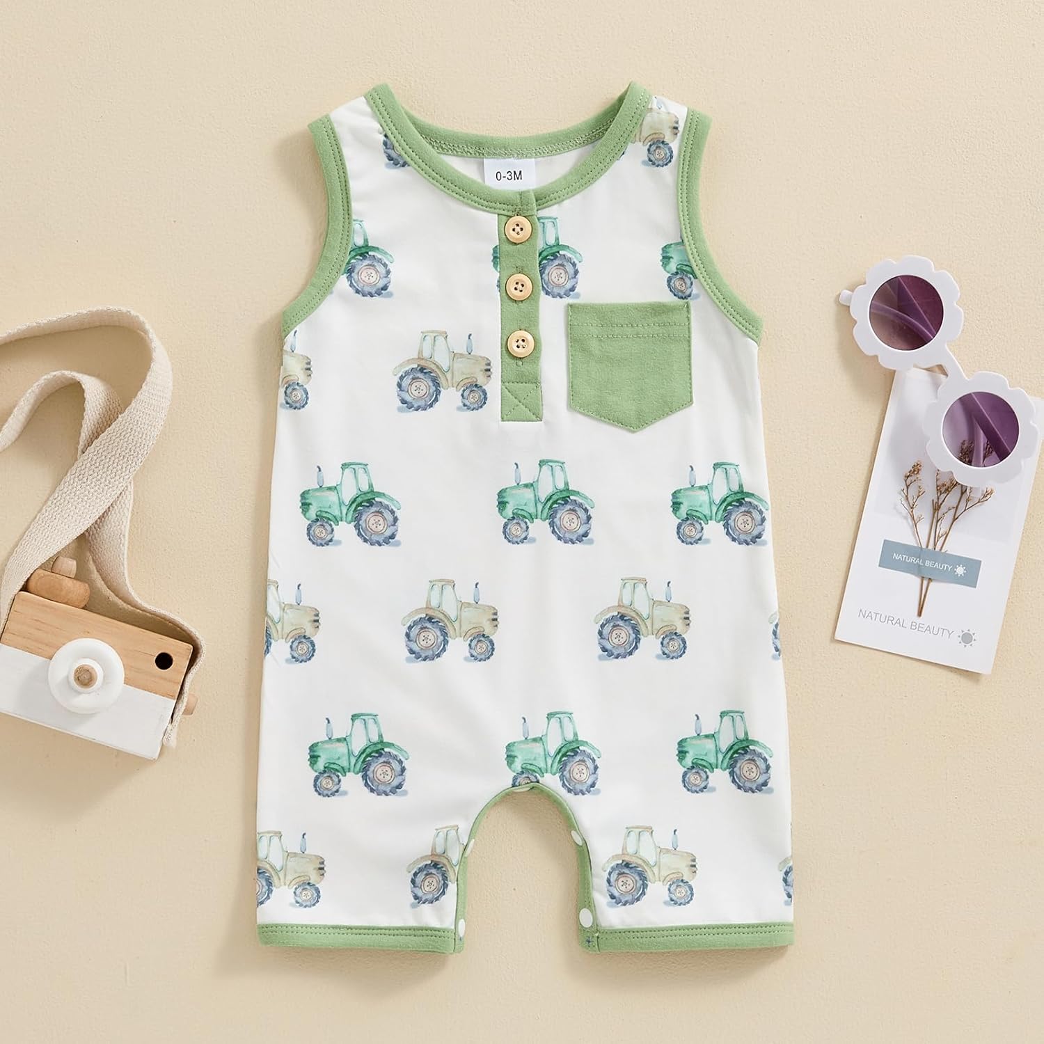 Adorable Summer Baby Romper with tractor print