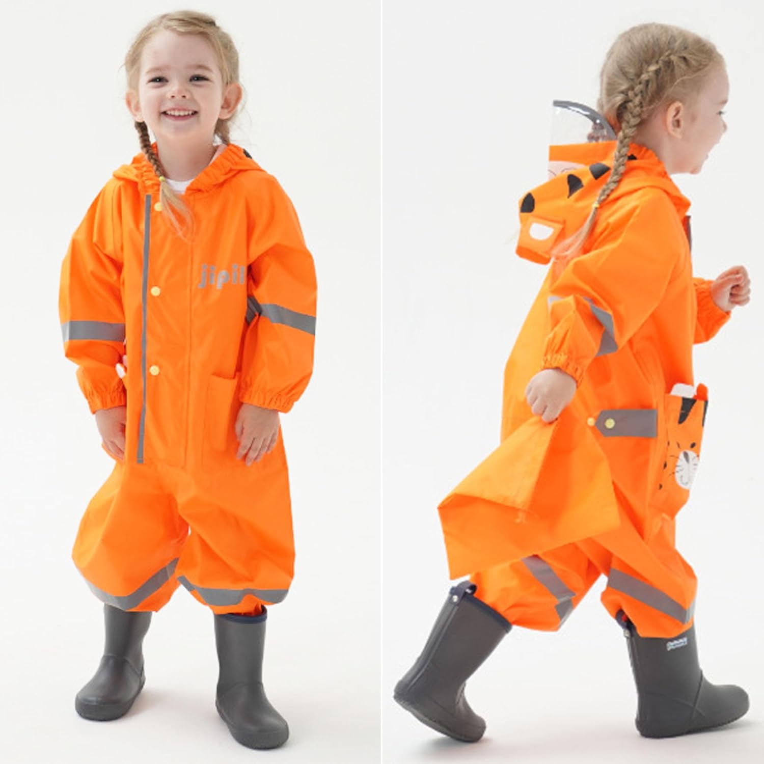Fewlby Kids Rain Suit with Zipper and Cartoon Design