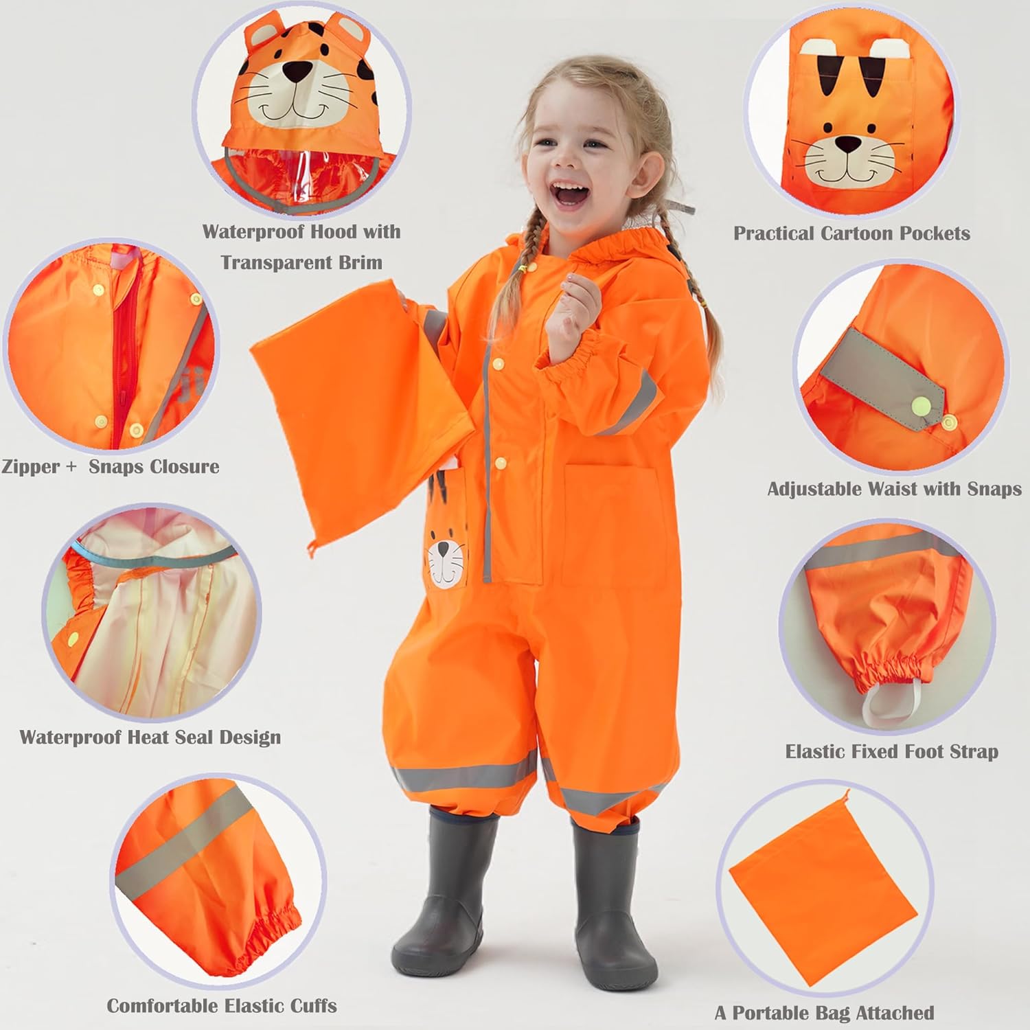 Fewlby Kids Rain Suit with Zipper and Cartoon Design