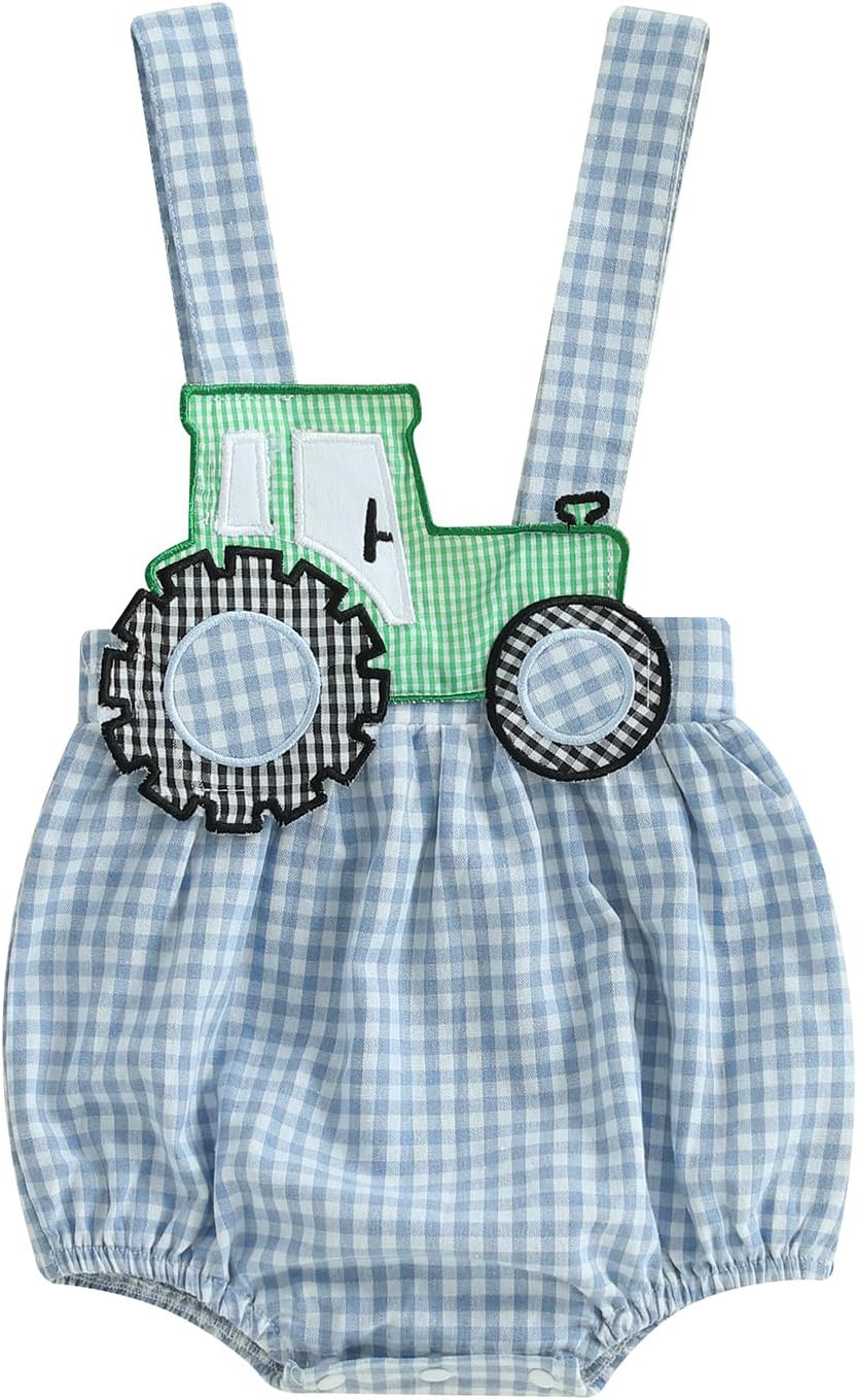 Baby Summer Tractor Romper Newborn Plaid Outfit