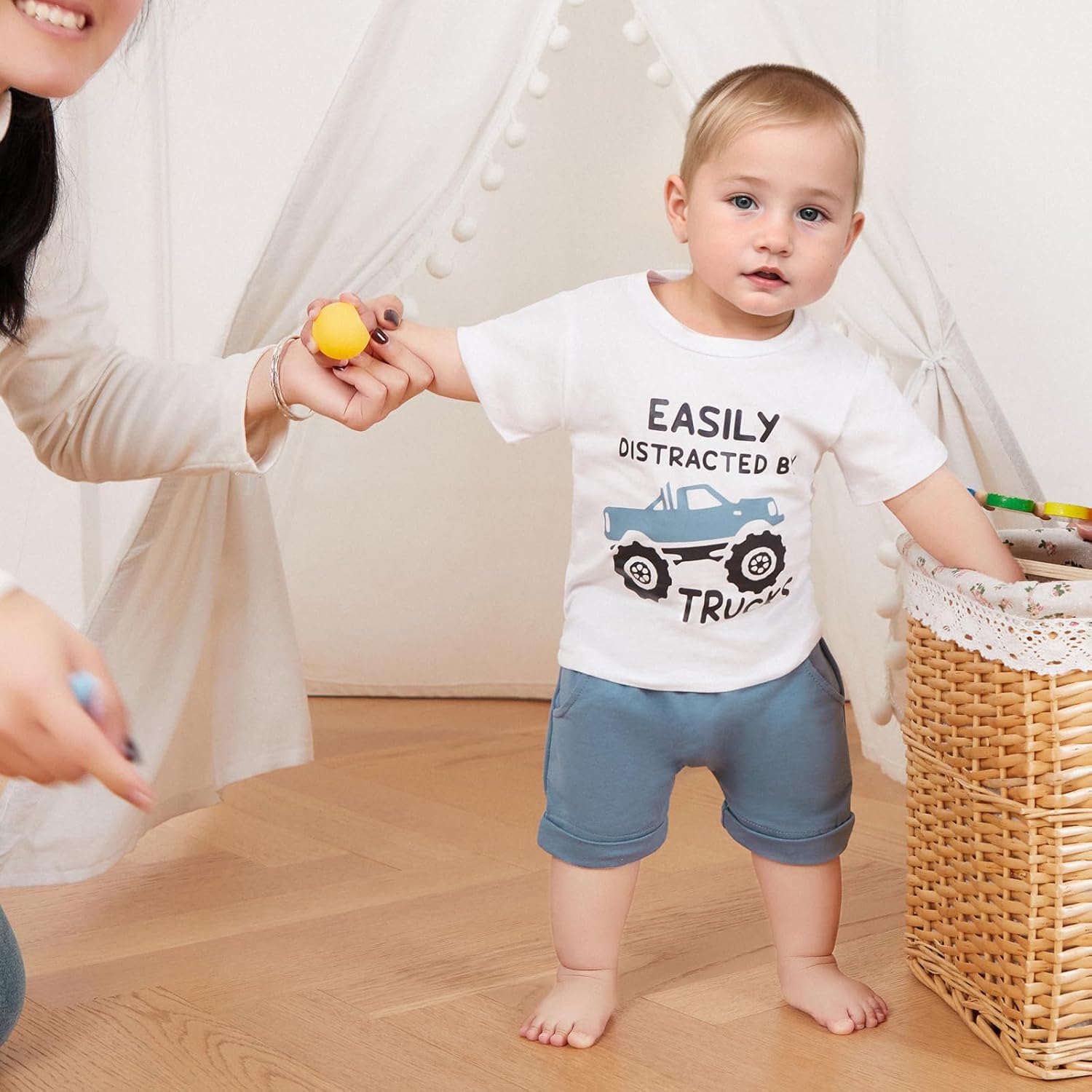 MABABY Toddler Boys Truck Print Summer Outfit Set