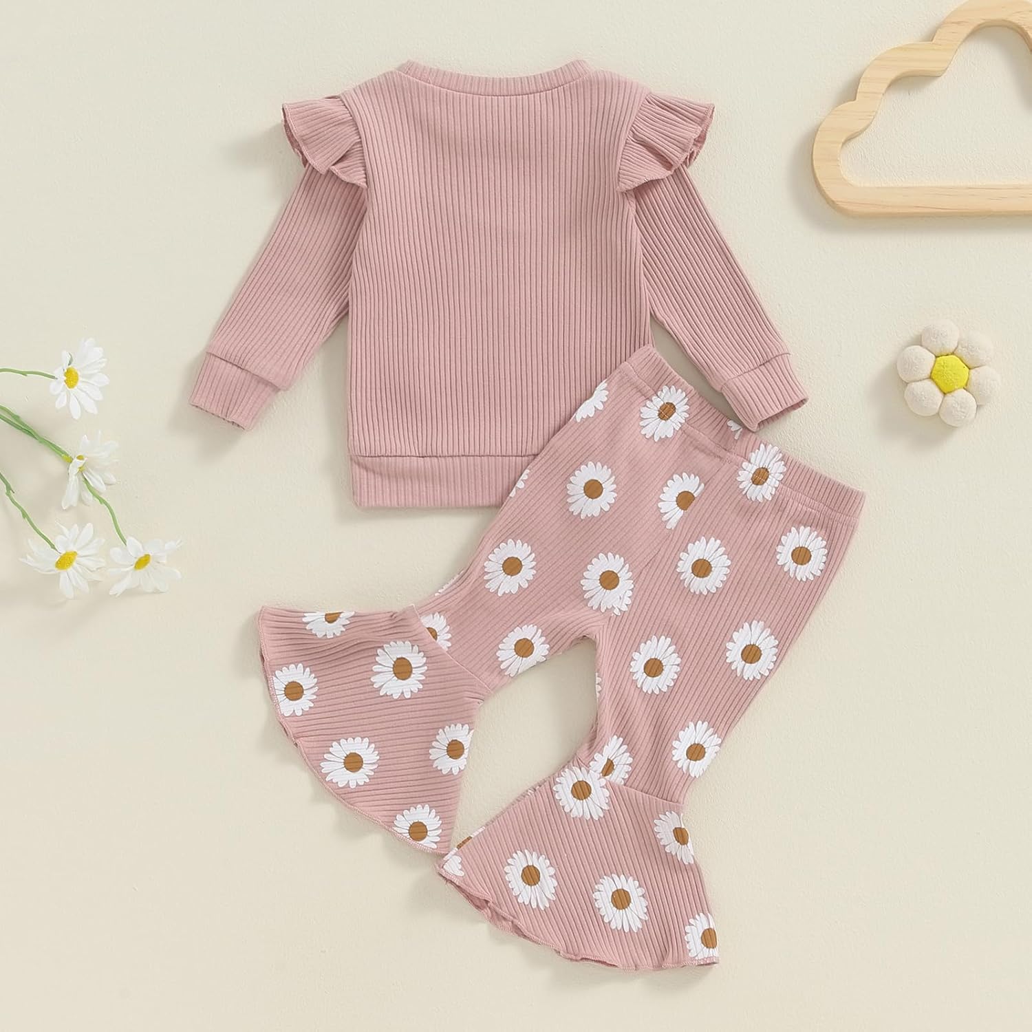 Newborn Baby Girl Cozy Warm Fall Flared Pants Set with Contrast Collar