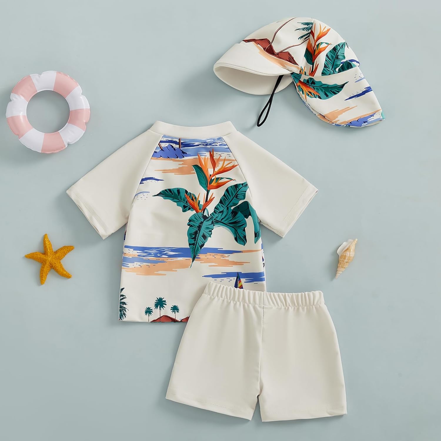 Toddler Boy 3-Piece Swimsuit Set Rash Guard with Sun Hat