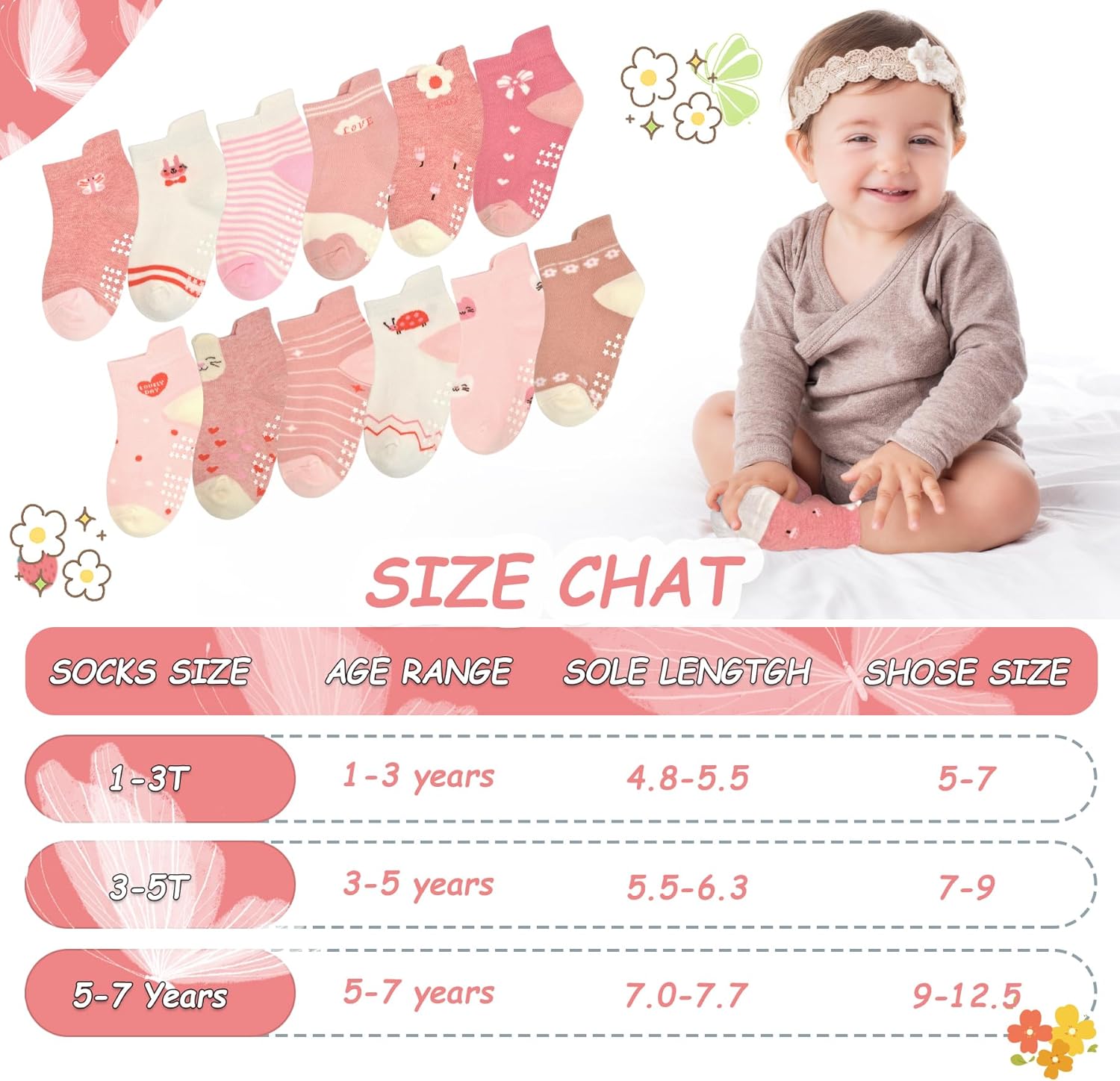 SkiBeaut Toddler Non-Slip Ankle Socks - Adorable Grips for Kids