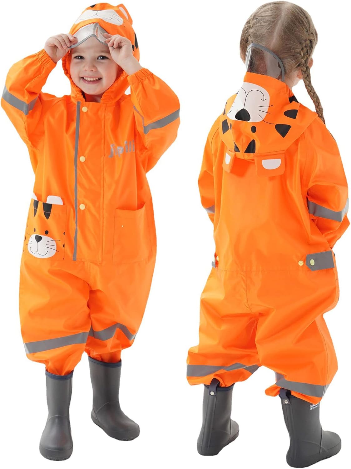 Fewlby Kids Rain Suit with Zipper and Cartoon Design