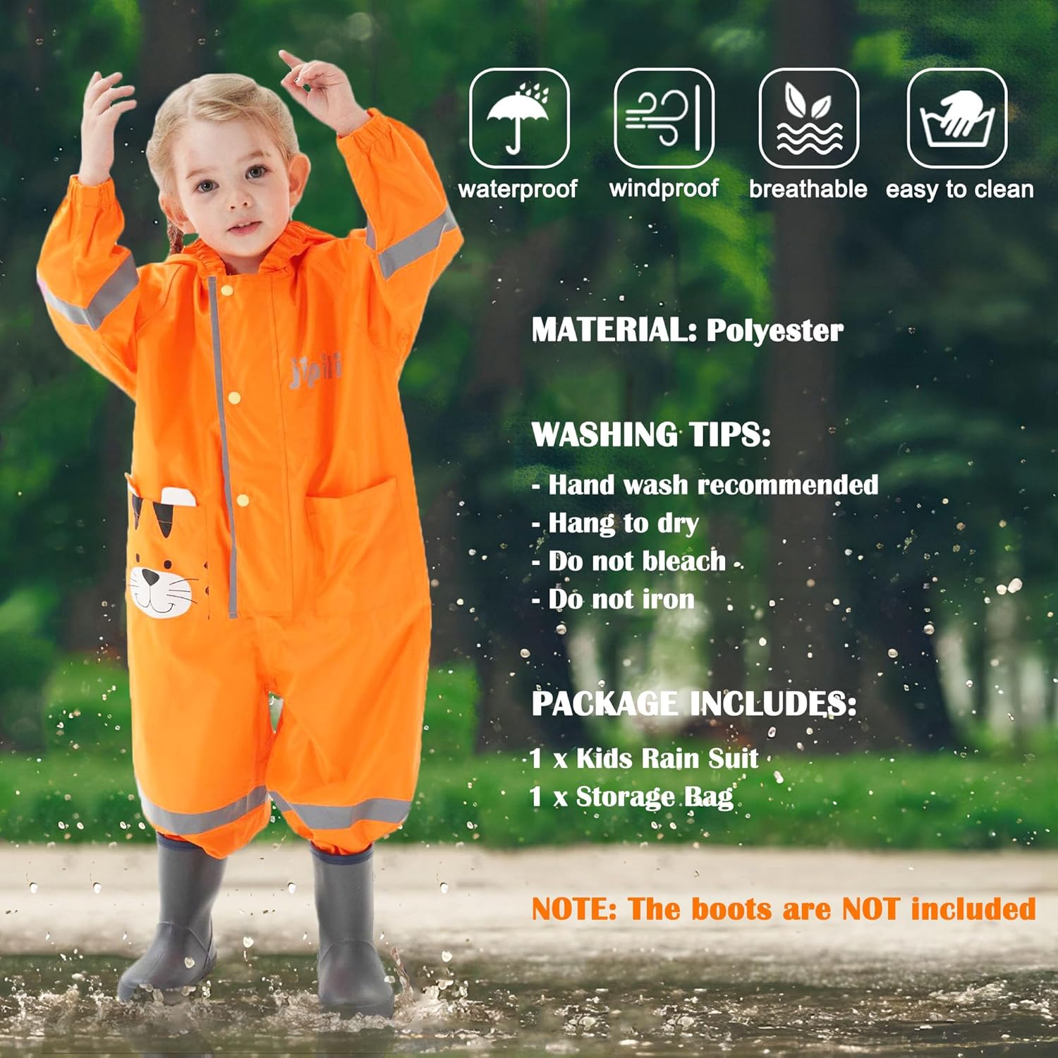 Fewlby Kids Rain Suit with Zipper and Cartoon Design