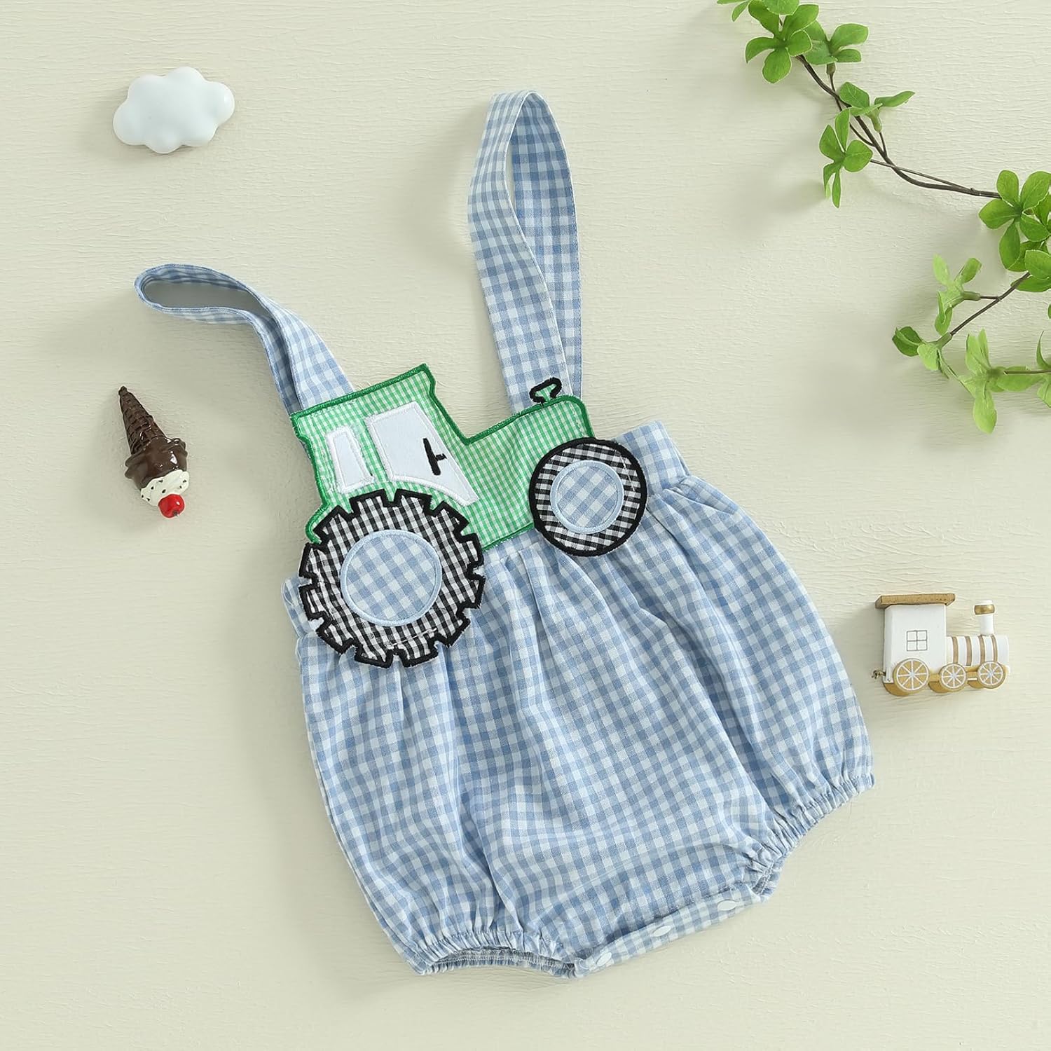 Baby Summer Tractor Romper Newborn Plaid Outfit