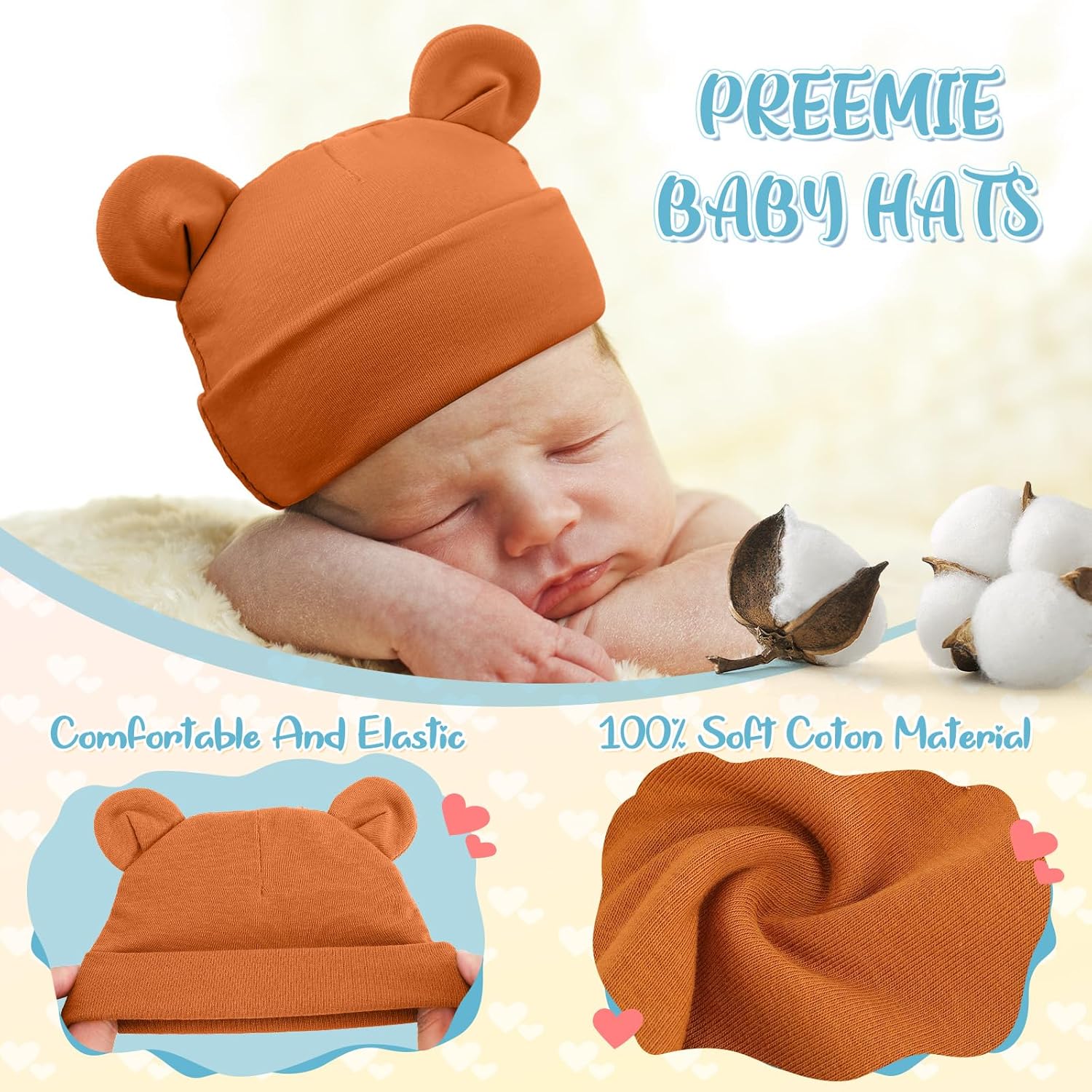Toulite Bear Ears Preemie Hats - Soft Warm 6-Piece Set