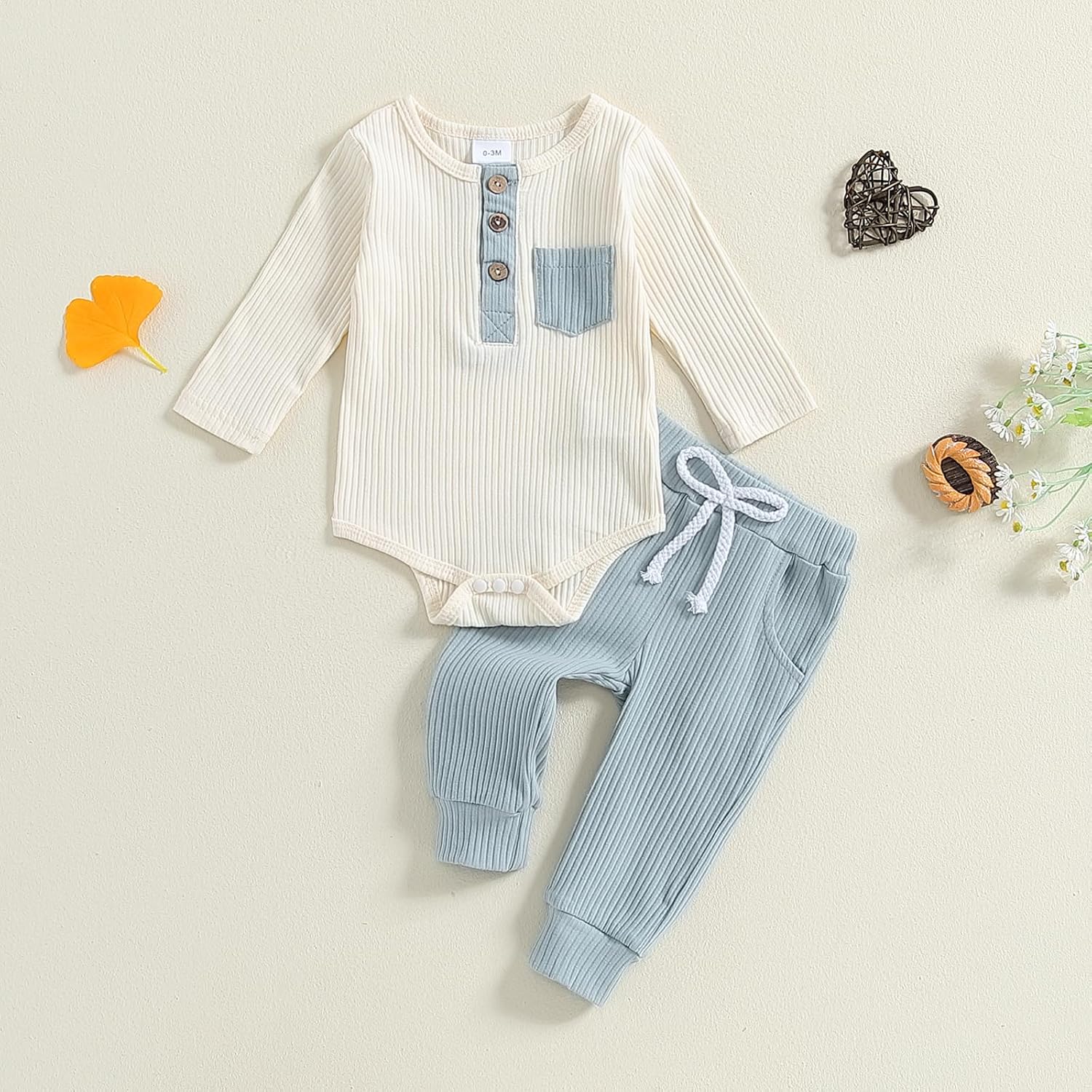 Baby Boy 3-6-12-18 Months Ribbed Knit Romper and Pants Set