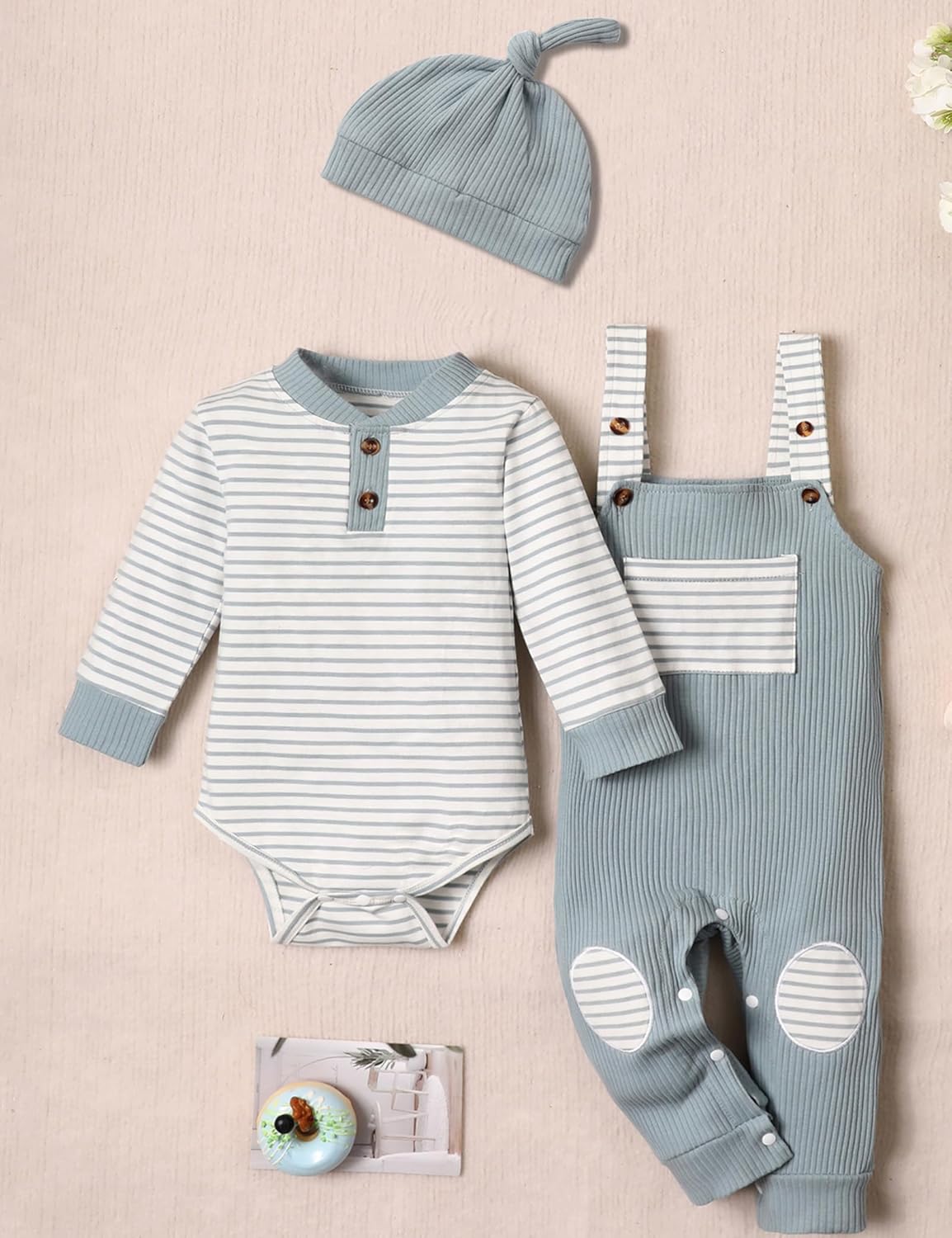 Baby Boys Stripe Romper Overalls Set with Hat Winter