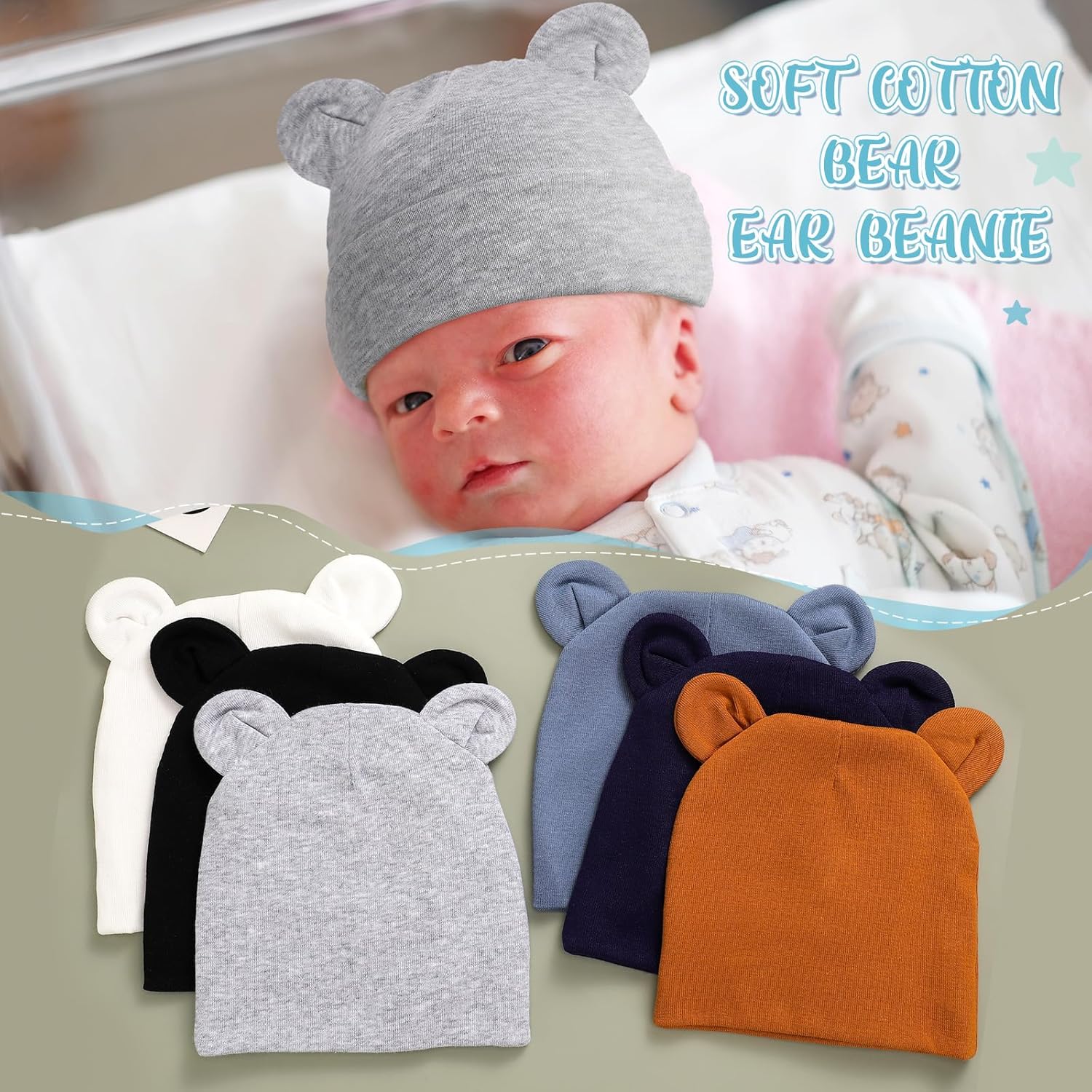 Toulite Bear Ears Preemie Hats - Soft Warm 6-Piece Set