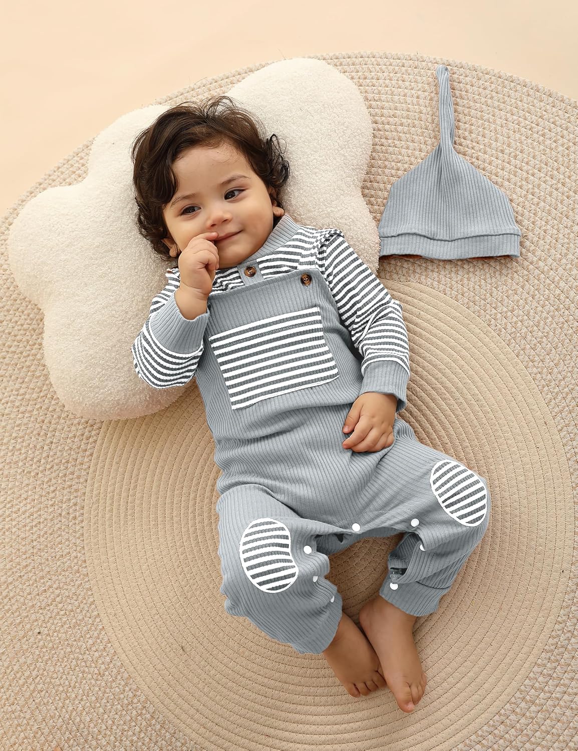 Baby Boys Stripe Romper Overalls Set with Hat Winter