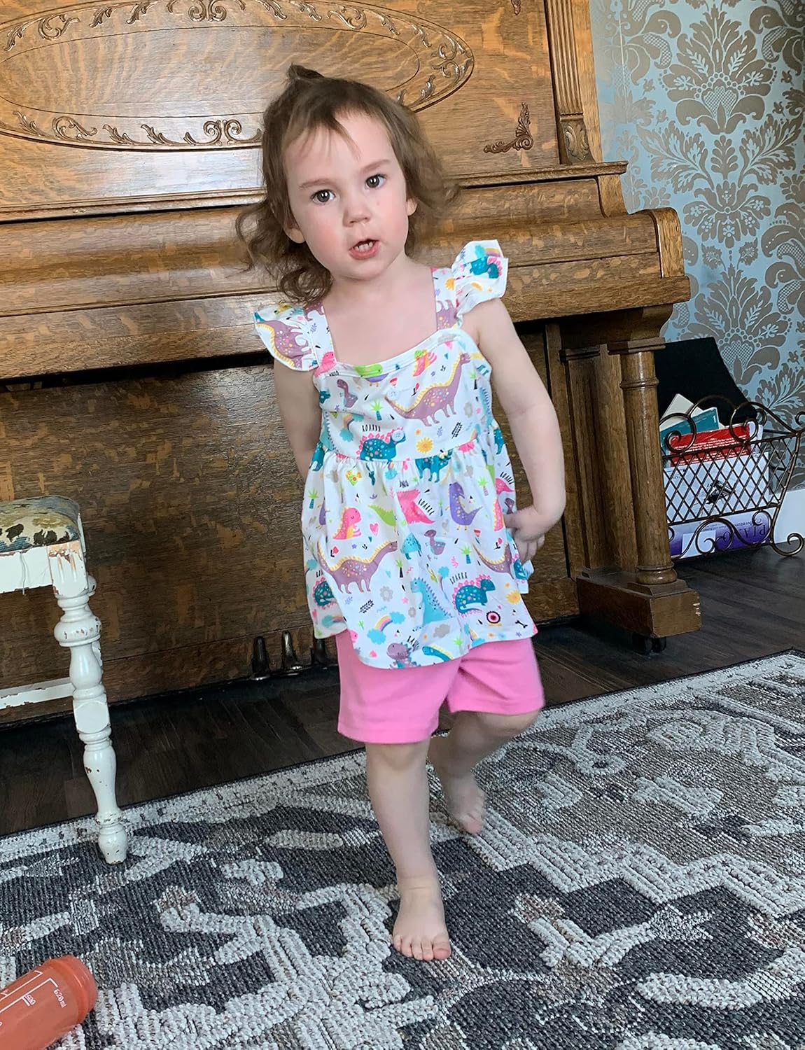 Toddler Girl Summer Ruffled Sleeve Dinosaur Outfit Set 2PCS