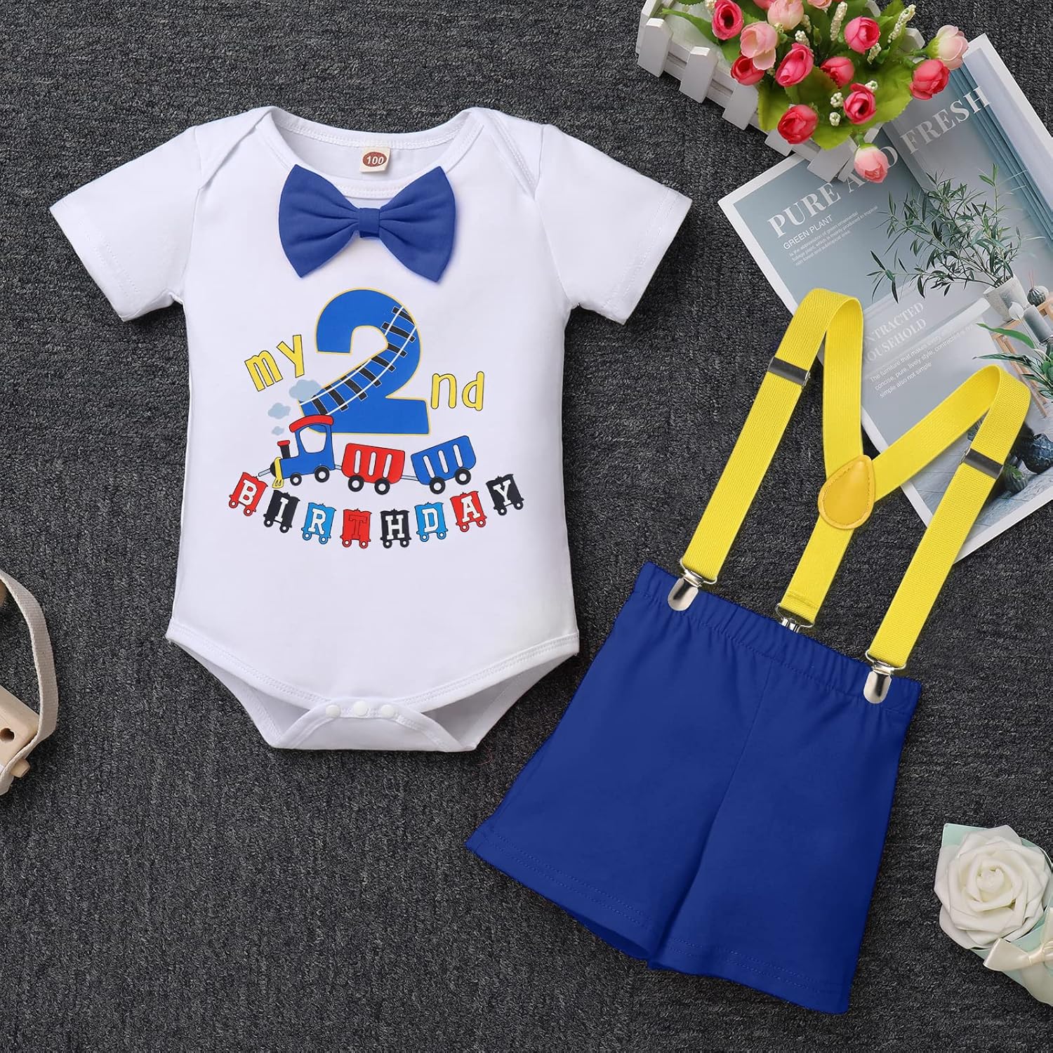 IBTOM CASTLE 1st Birthday Outfit - Jungle Woodland Animal Romper Bloomers Suspenders 3PCS